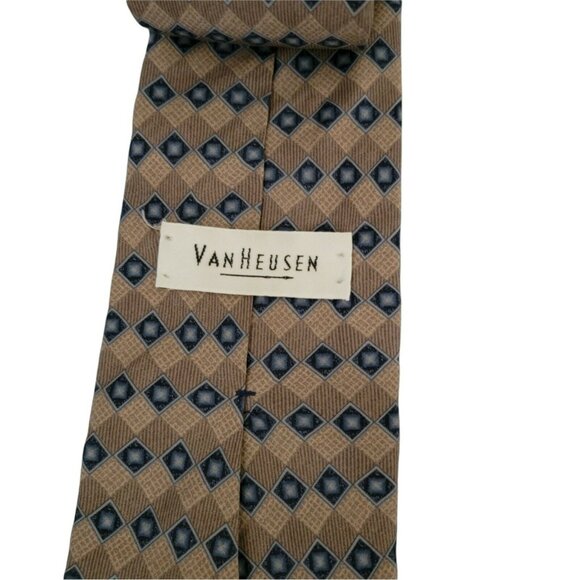 Van Heusen Silk Tie Brown Blue Geometric Diamonds Mens Necktie Business Menswear - Picture 2 of 5